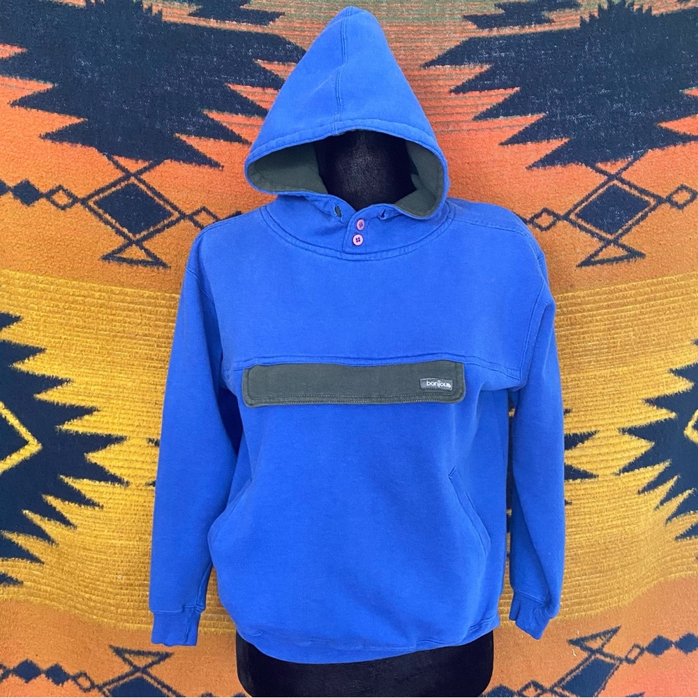 Vintage 90’s Bonjour Hooded Pullover Sweater. S/M 3 pockets. Polycotton.